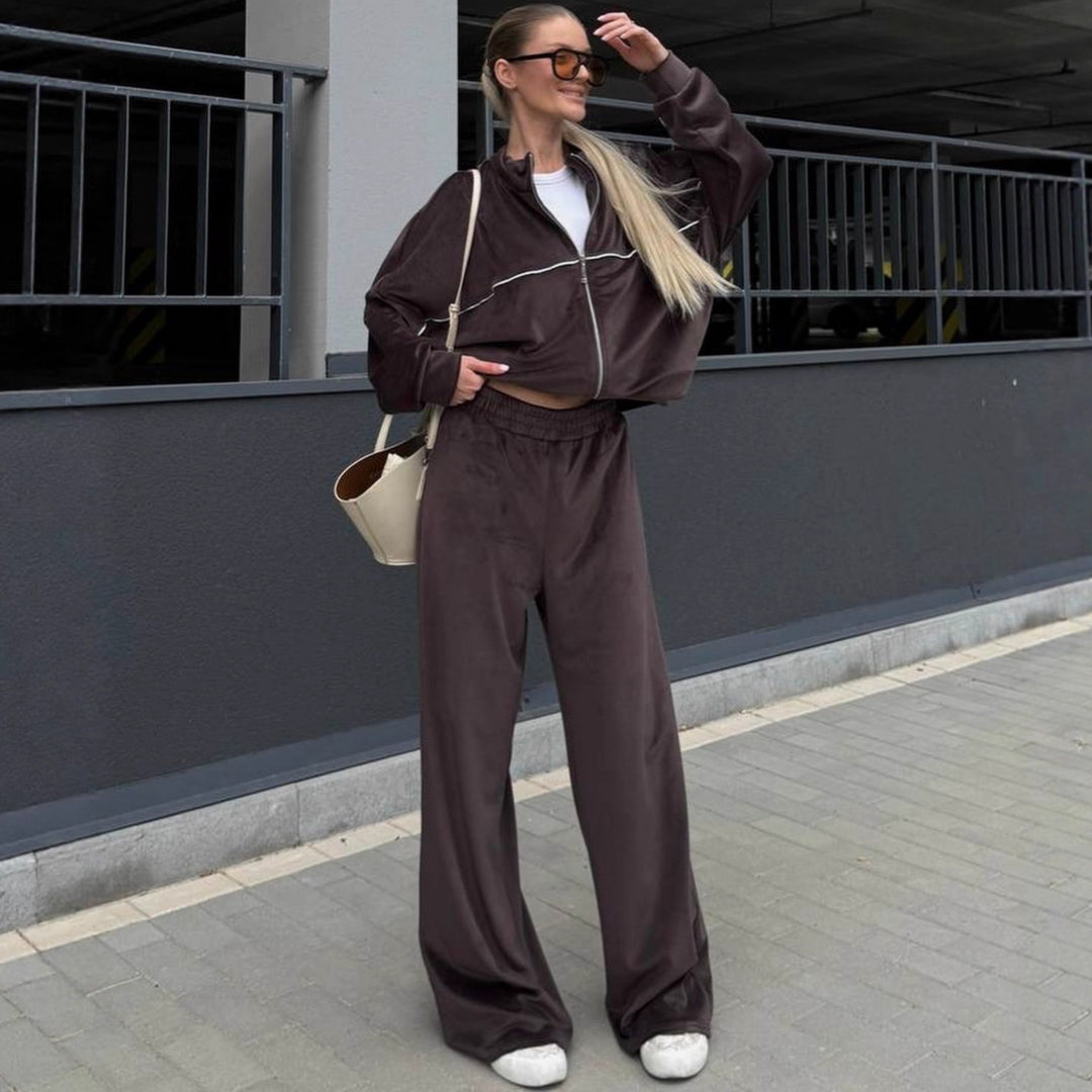Damer sporty velour lounge sæt med høj talje og bredskårne bukser Skovae