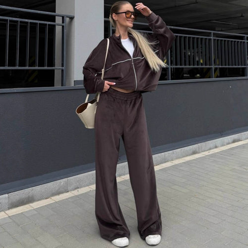 Damer sporty velour lounge sæt med høj talje og bredskårne bukser Skovae