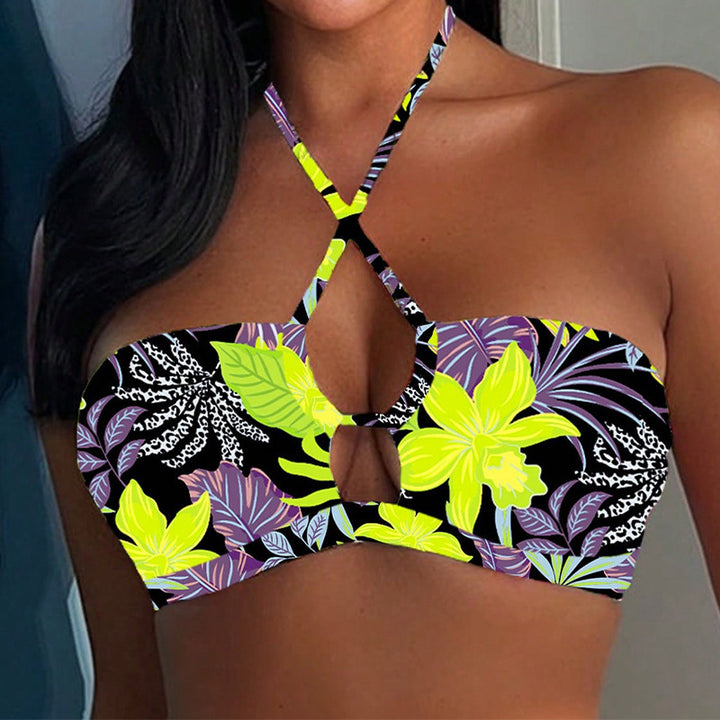 Dame bandeau bikini med kreativ knude-design og blomsterprint Skovae