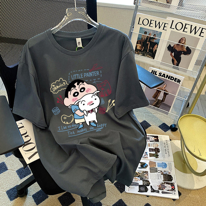 Dame T-shirt med kunstnerisk cartoon-tryk og behagelig pasform Stilla