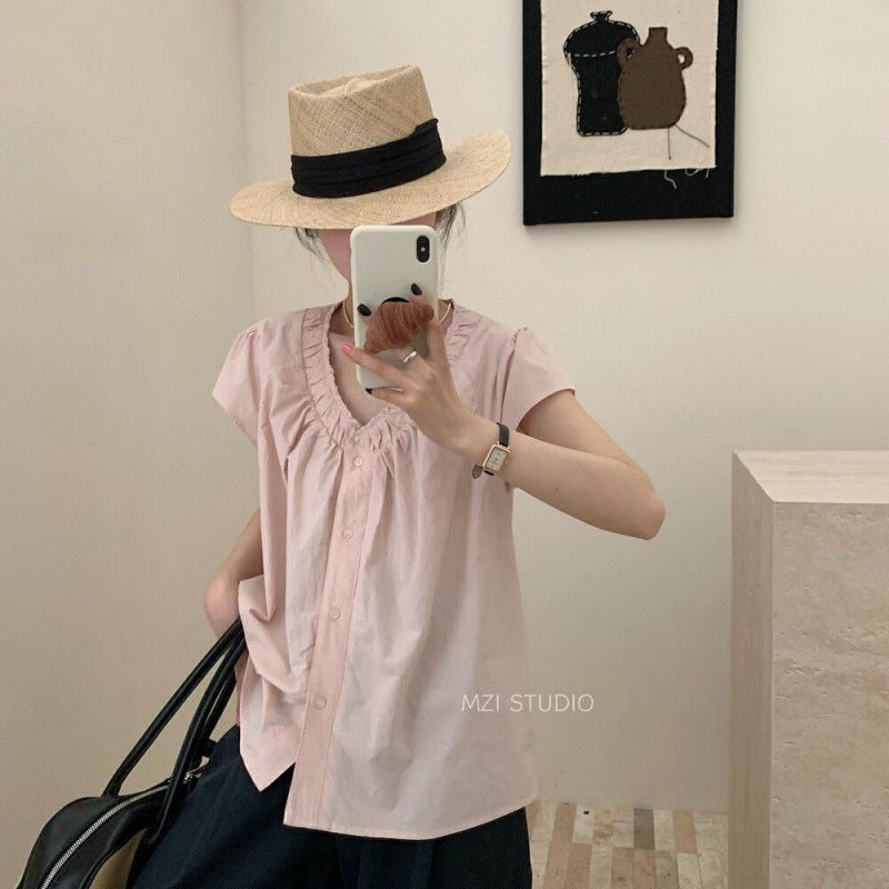 Femme Rille skjorte med V-udskæring casual bluse Stilla