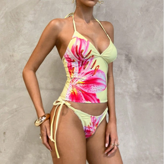 Dame højt skåret tankini med blomsterdesign Skovae