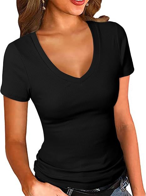 Dame V-hals T-shirt med struktureret overflade Stilla