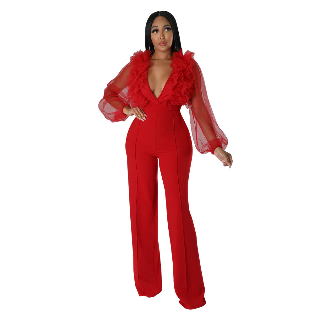 Dame Elegant Jumpsuit med voluminøse flæseærmer og højhalset krave Stilla
