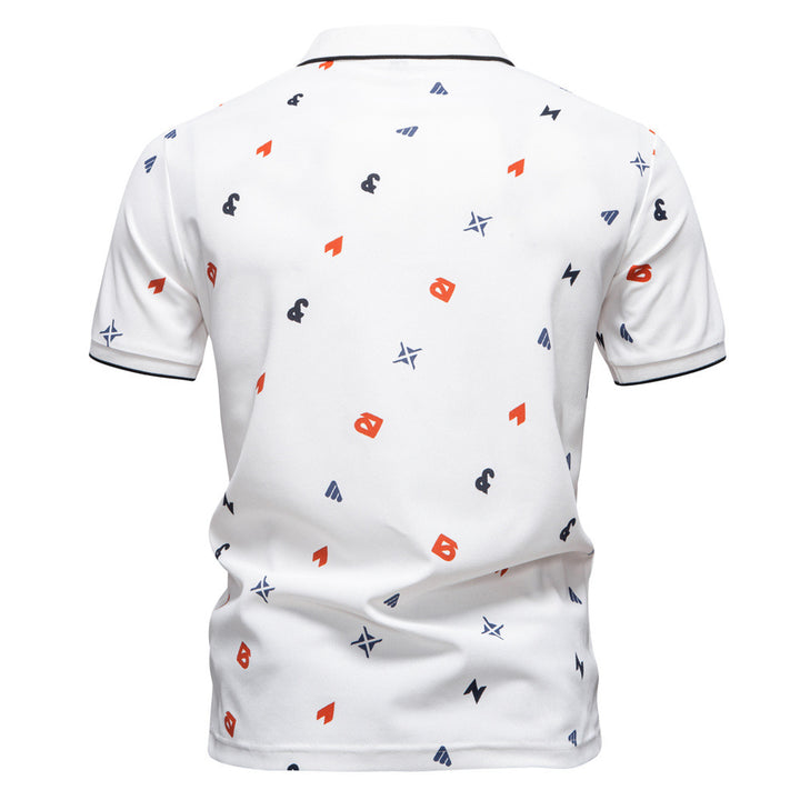 Herrer nan legeres kortærmet Piqué-polo med geometrisk all-over-print, kent-krave og kontrastbesætning Skovae