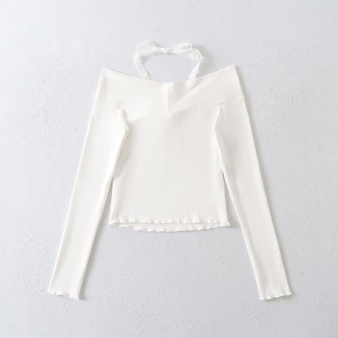 Dame Off-Shoulder Langærmet bluse med raffineret knudedetalje og sart blondeudsmykning Stilla