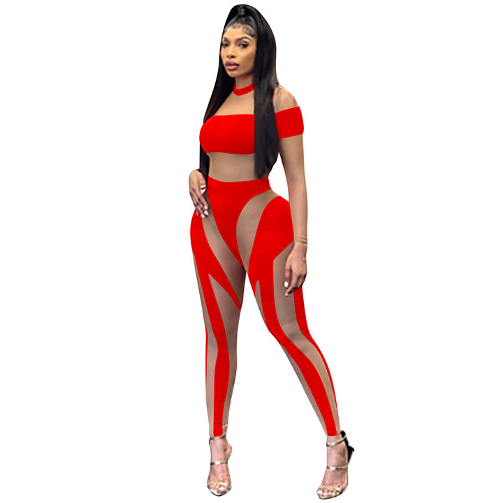 Dame Off-Shoulder Crop-Top og Leggings Sæt med transparente indsatser Stilla