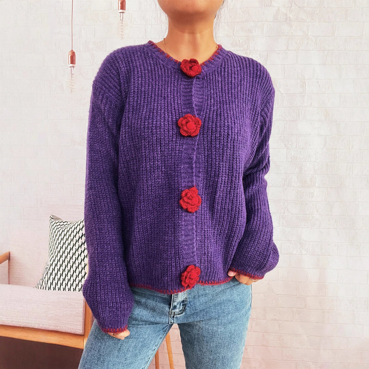 Kvinders cardigan med blomsterknapdetaljer og struktureret stof Stilla