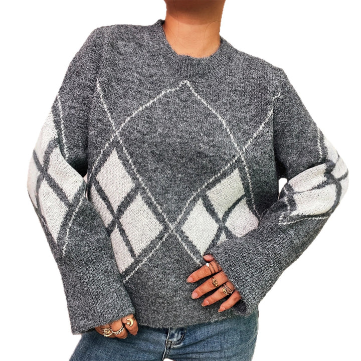 Kvinders strikkede sweater med moderne ternet mønster Stilla