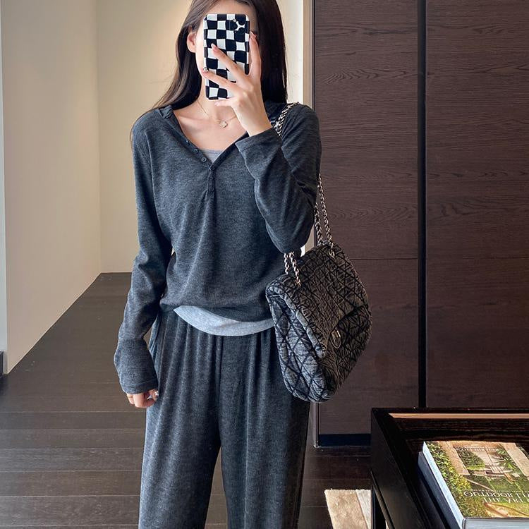 Dame fritids-loungewear-sæt med langærmet top og elastiske bukser Stilla
