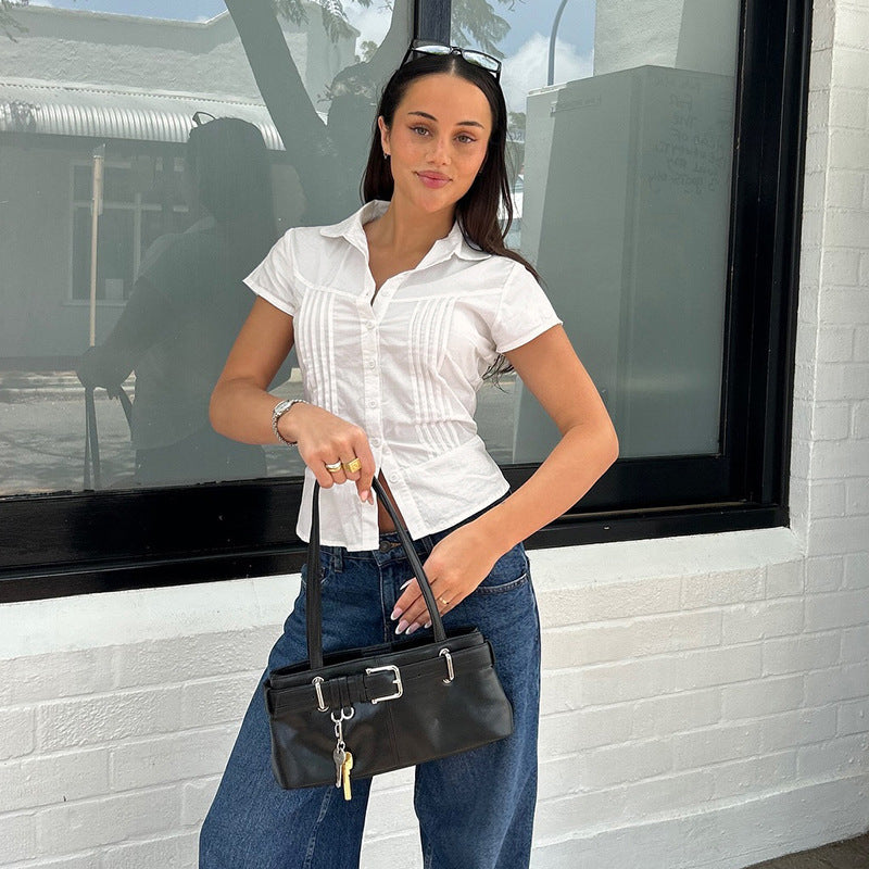 Damen Bluse mit tailliertem Schnitt und dekorativen Falten Skovae