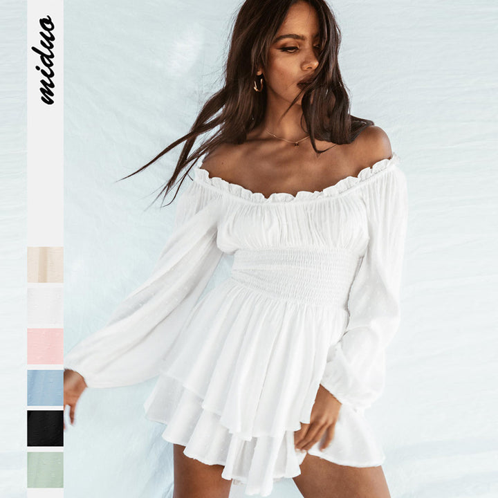 Dame off-shoulder minikjole med voluminøs skørt og lange puffærmer Stilla