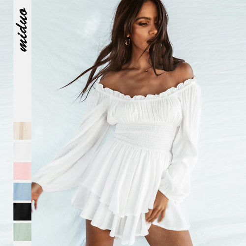 Dame off-shoulder minikjole med voluminøs skørt og lange puffærmer Stilla