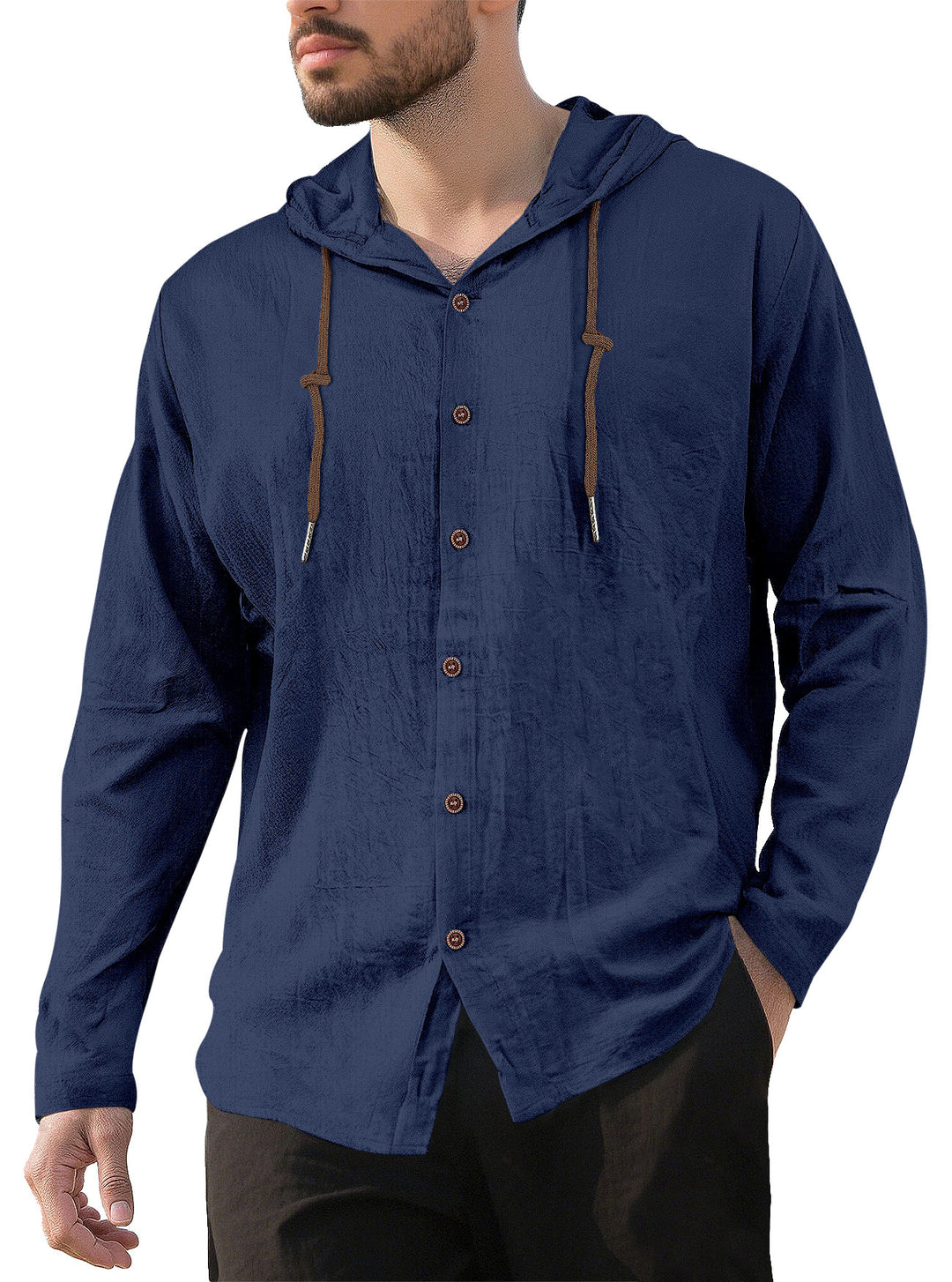 Herrer nan tekstureret linnedblandings-hoodie med gennemgående knoplukning, træknapper og sidespalter Skovae