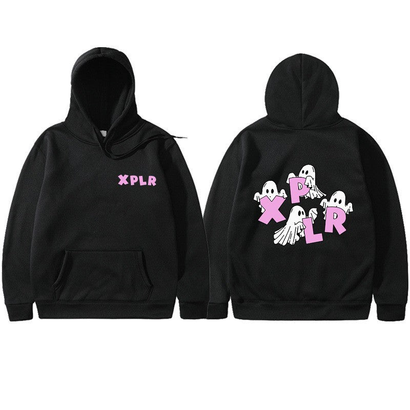 Dame hoodie med kreativt spøgelsesmotiv og kangaroo lomme Skovae