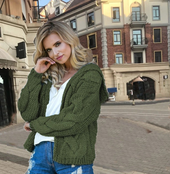 Kvinders chunky strik cardigan med hætte og asymmetrisk design Stilla