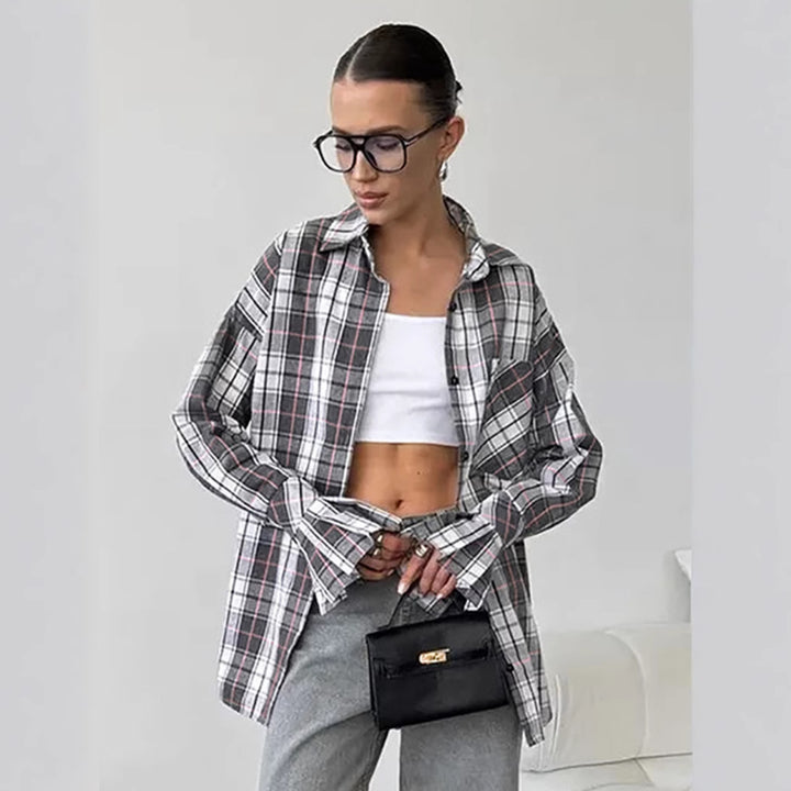 Dame Oversized Check Skjortejakke med afslappet snit og praktiske lommer Stilla