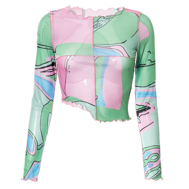 Dame Crop-top med kreative grafiske prints og figursyet snit Skovae