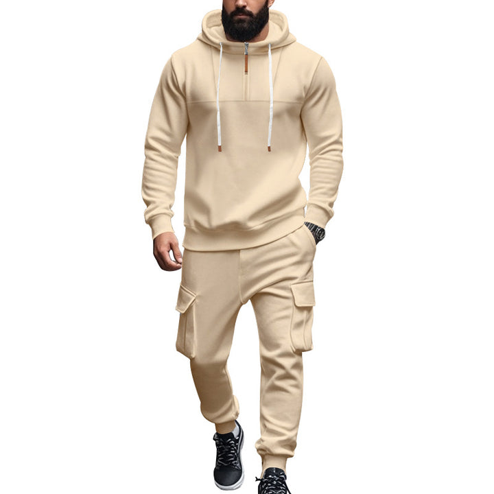 Herren nan hoodie- og joggersæt i cargo-stil med kort brystlynlås og påsyede klaplommer Skovae