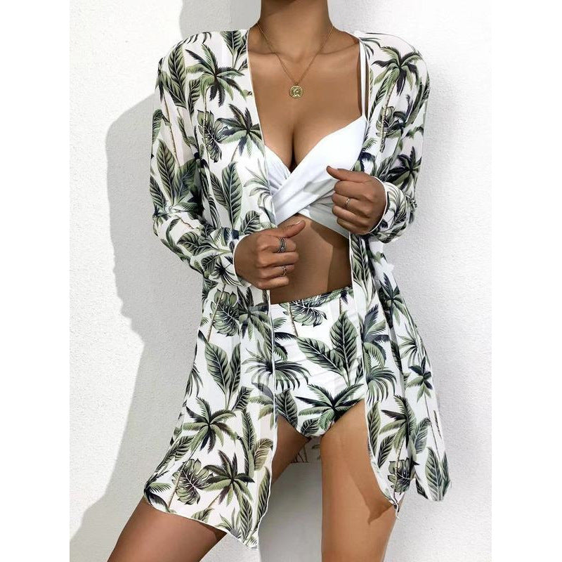 Dame bikini-sæt med højsnittet trusse og blomster kimono Skovae