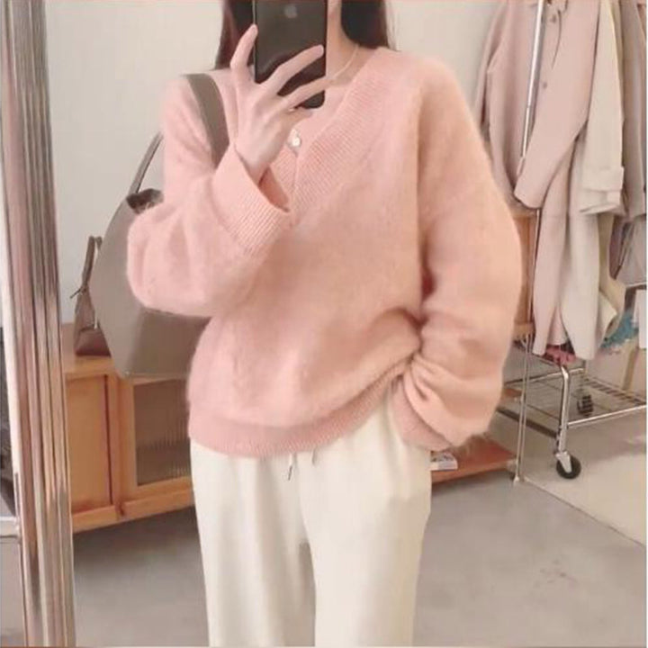 Damer Fluffy V-hals Sweater lavet af Mohair Stilla