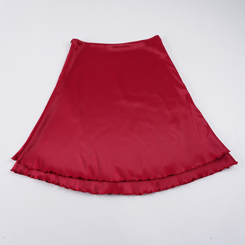 Dame Satin-nederdel med volumøs flæseafslutning og elastisk talje Skovae