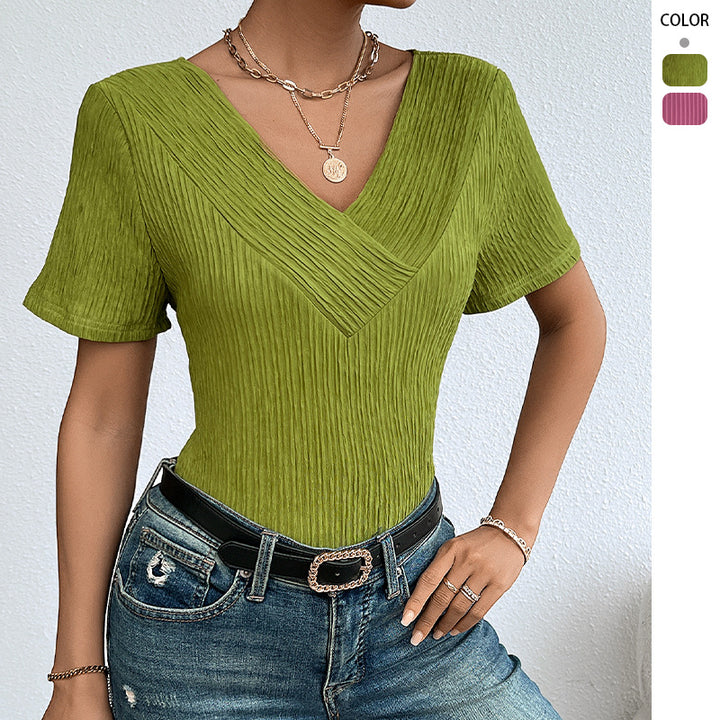 Women Elegant T-Shirt med V-Hals og Plisseret Struktur Stilla