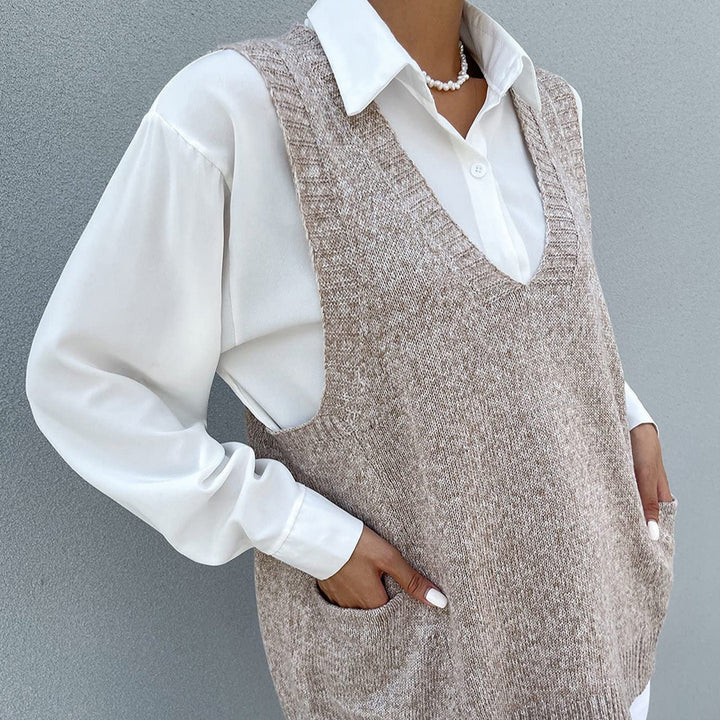 Dame Elegant V-Udskæring Strikveste med Lommer Stilla