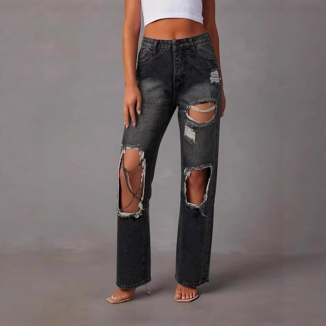 Dame distressed Mom Jeans med trendy cut-out-detaljer Skovae