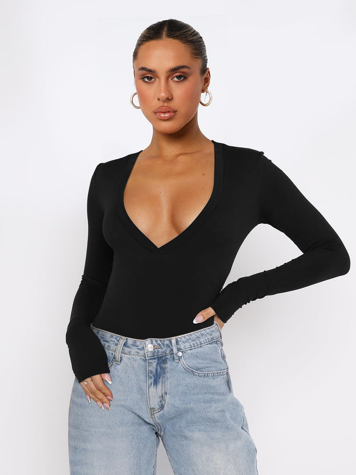 Dame V-hals bodysuit med lange ærmer i elastisk materiale Stilla