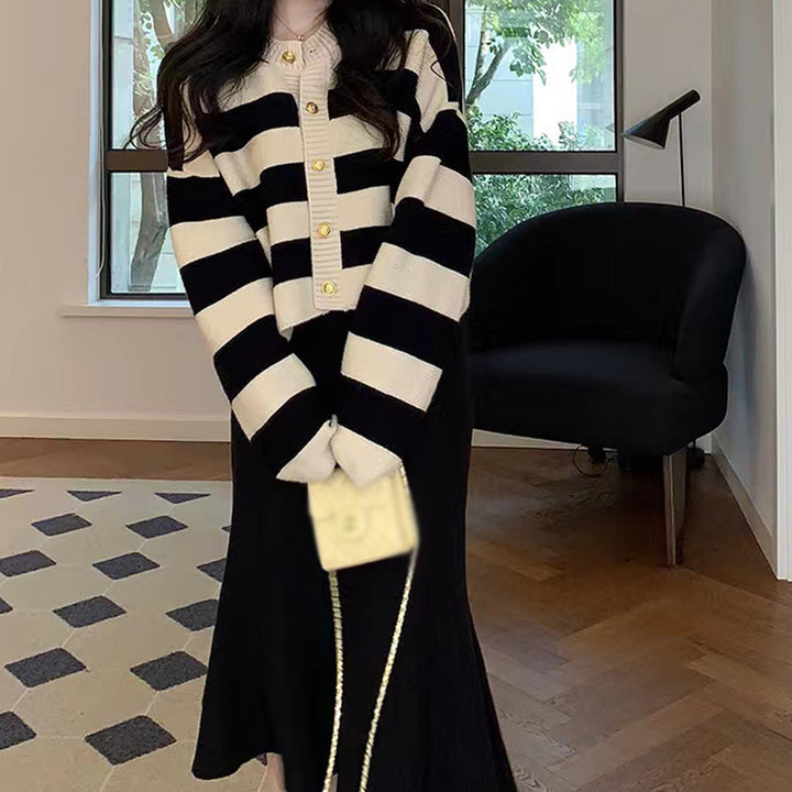 Dame Elegant Cardigan Sæt med Kontrast Detaljer og Knap Lukning Stilla