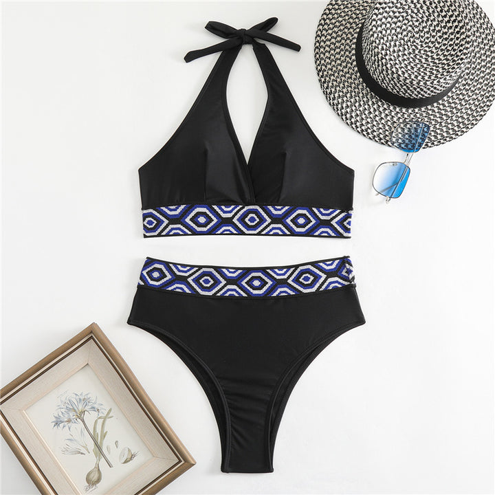 Dame Bikini-sæt med geometrisk design og dyb V-udskæring Skovae