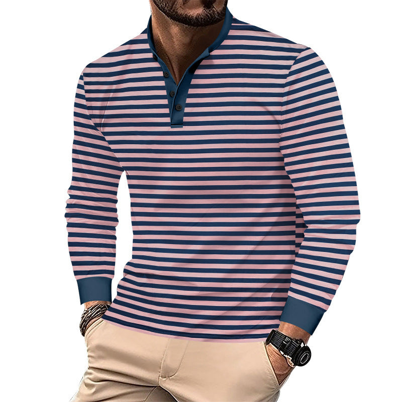 Herren nan stribet langærmet Henley skjorte med ståkrave, slank pasform og elastisk bomuldsblanding Skovae