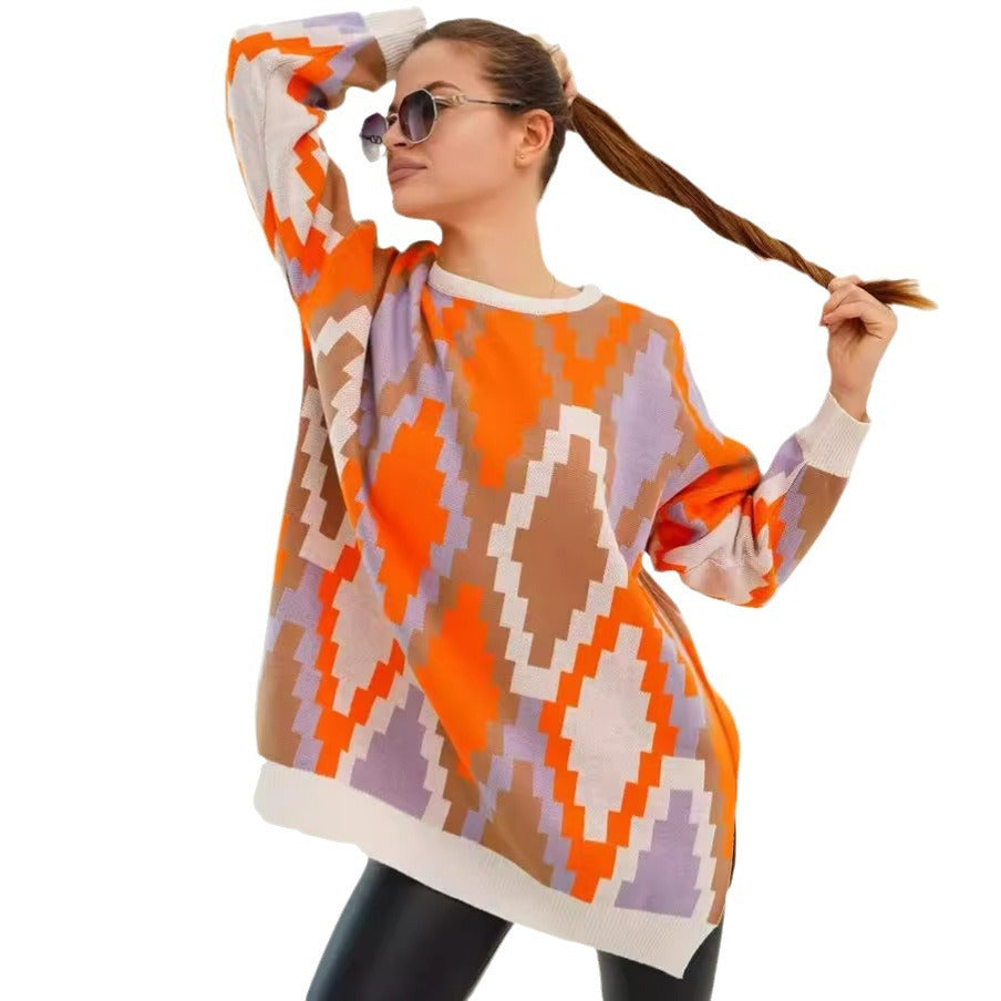 Dame Oversized Strikpullover med grafisk Jacquard-mønster og afslappet snit Stilla