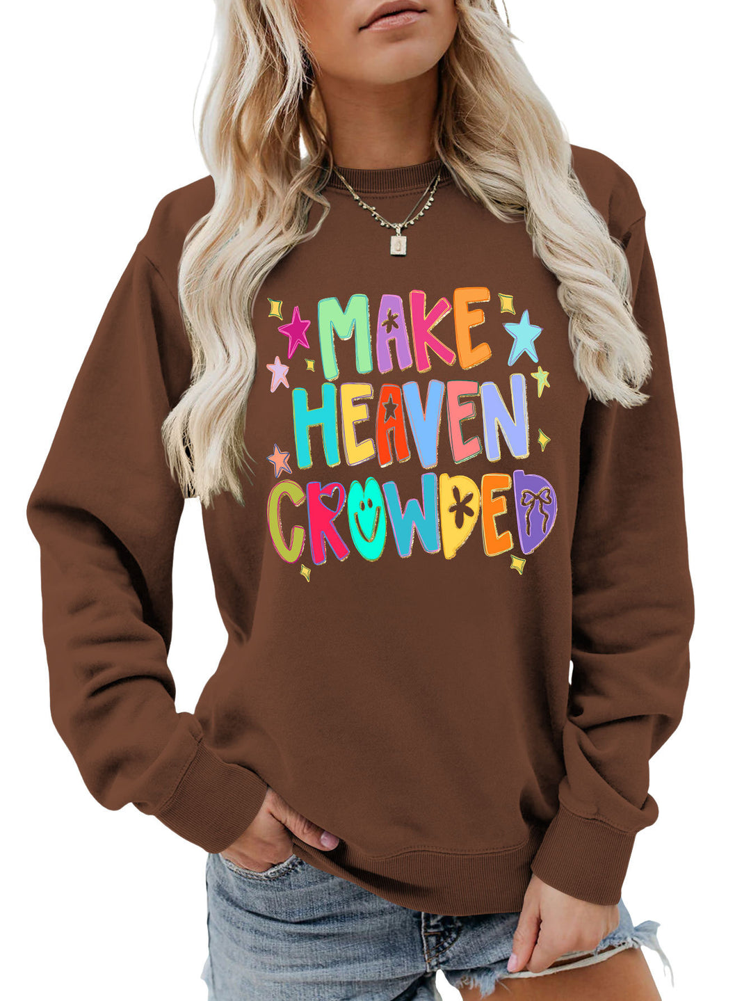 Kvinders sweatshirt med farverigt design og legende tekst Stilla