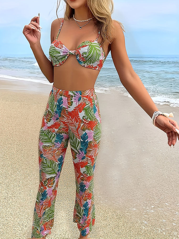 Dame Trendy Bikini-sæt med blomsterprint og vidde bukseben Skovae