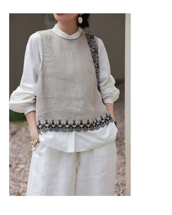Kvinde Broderet Linned Lagdelt Vest Stilla