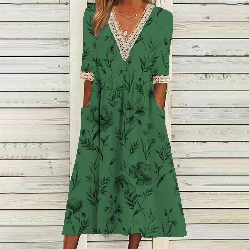 Dame skjortekjole med kunstnerisk blomsterdesign og blondekant Stilla