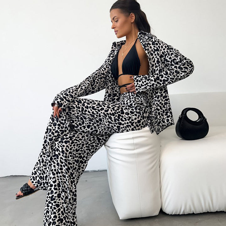 Damer fritid-loungewear-sæt med leopardmønster og elastisk talje Stilla
