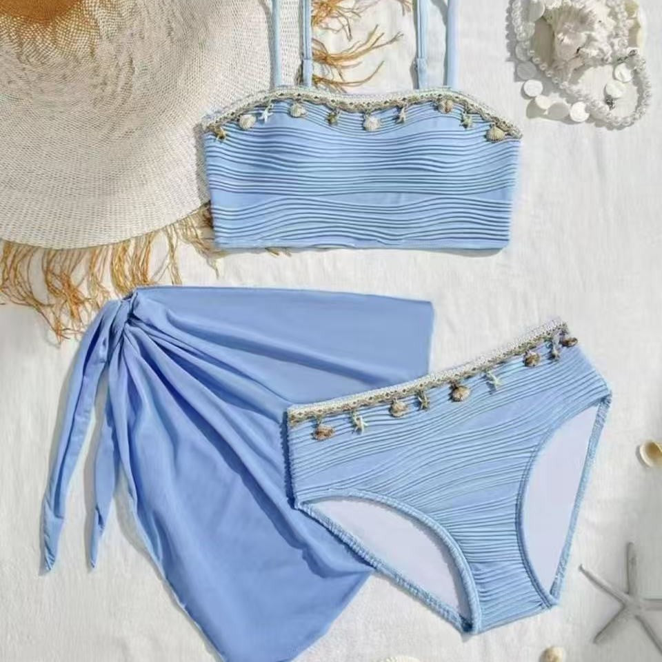 Dame bikini-sæt med højtaljet bukser og fashionabel flæse-design Skovae