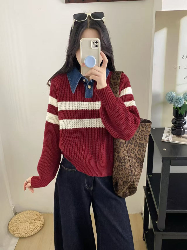 Kvinders afslappede strikket sweater med krave og stribet design Stilla