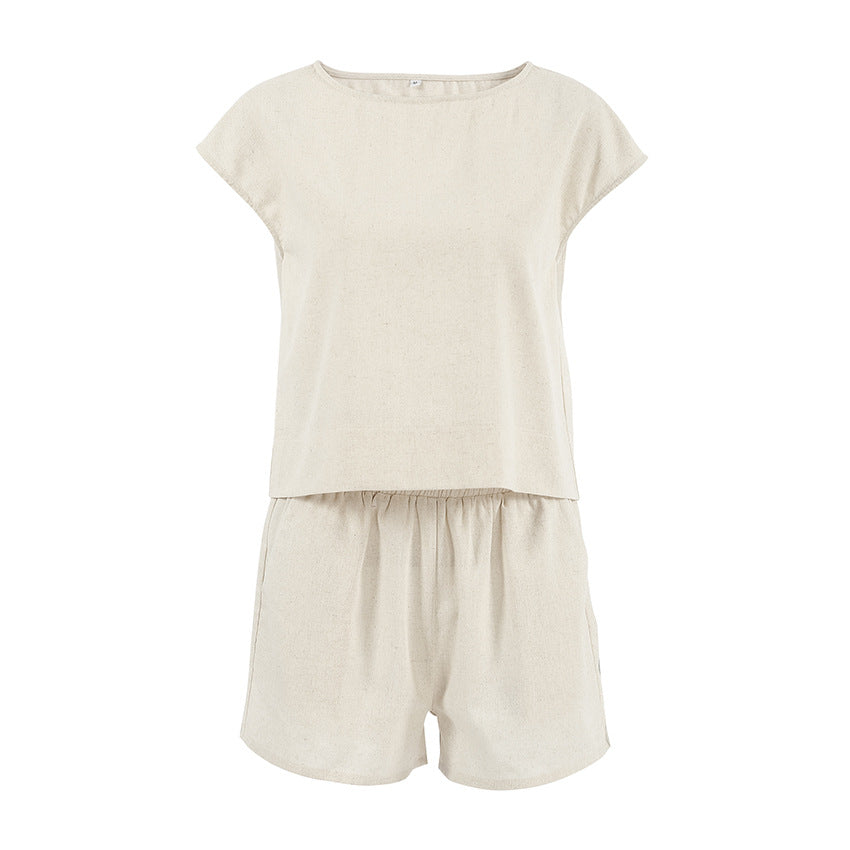 Dame fritids-sæt i let hør med shorts og T-shirt Stilla