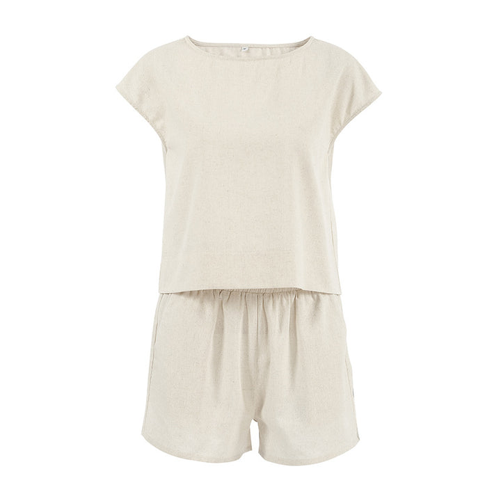 Dame fritids-sæt i let hør med shorts og T-shirt Stilla