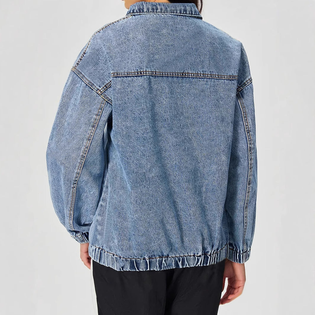 Kvinders løse denimpullover med opretstående krave og lynlås Stilla