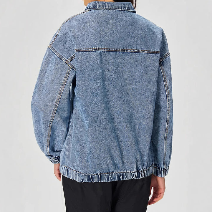 Kvinders løse denimpullover med opretstående krave og lynlås Stilla