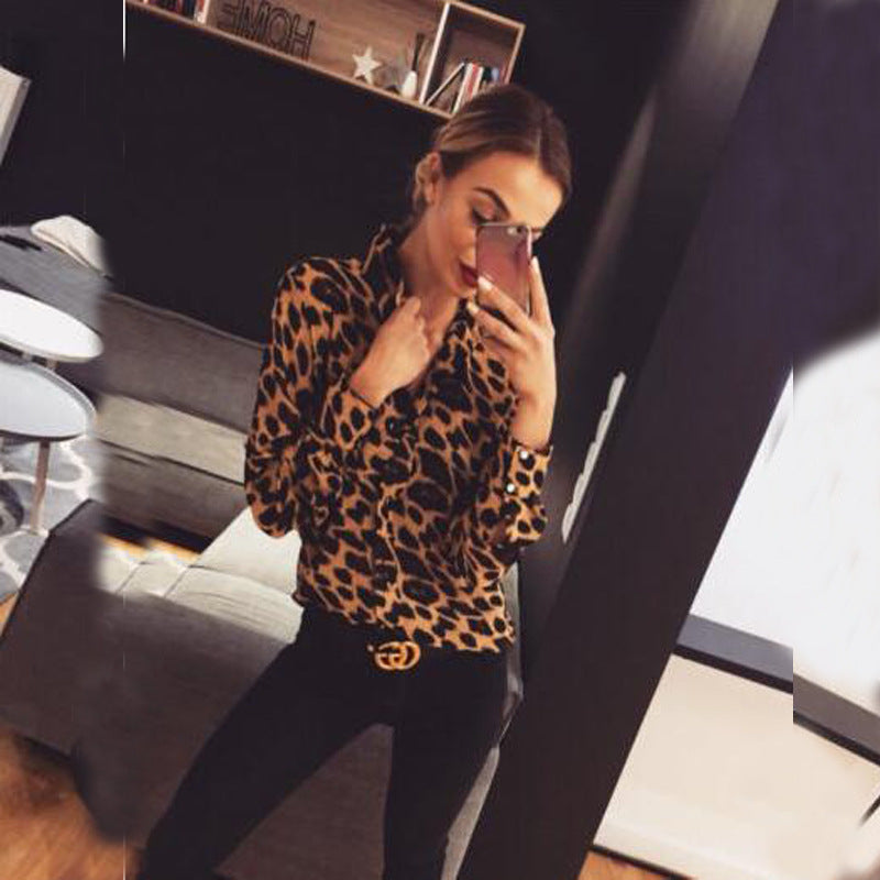 Femme Chic Leopardmønster Knap-oven Skjorte Stilla