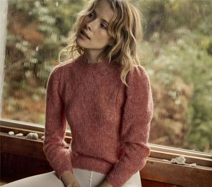 Dame finstrikpullover med elegante puffærmer og unikt teksturmønster Stilla