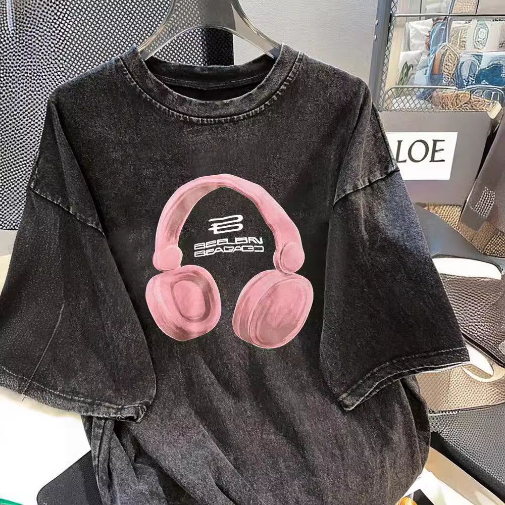 Dame T-shirt med kreativt hovedtelefondesign og afslappet oversized pasform Stilla