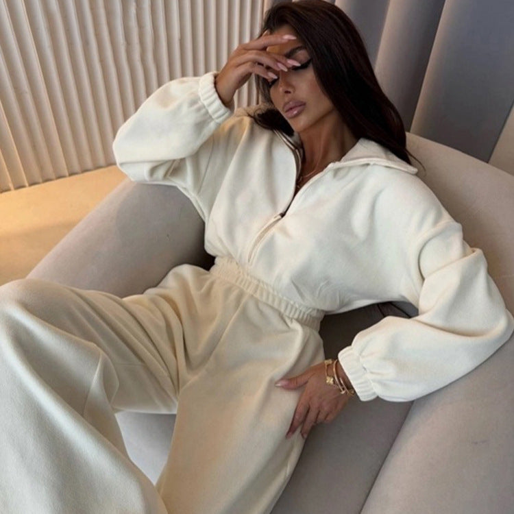 Kvinders elegante fleece jumpsuit med høj krave og elastisk talje Skovae