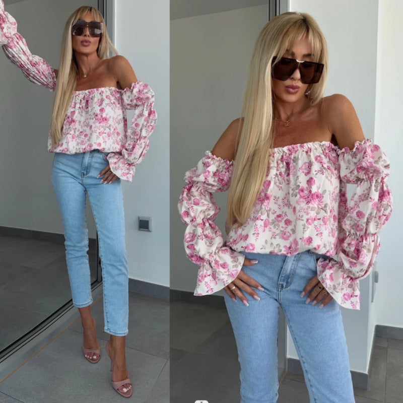 Dame Off-Shoulder Bluse med Blomsterprint og Flæseærmer Stilla